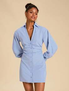 Travachic Women's Solid Color Pleated Single-Breasted Casual Date Party Long Sleeve Mini Dress,Shirt Dress, Work Outfit,Elegant Dresses For Women,Summer Dress - Blue - View 4