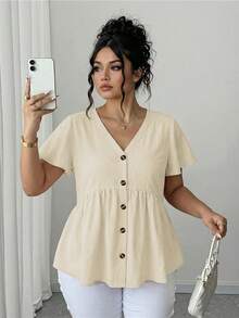 Elenzga Plus Size Women V-Neck Pleated Casual Versatile Daily Wear Shirt - Apricot - View 6