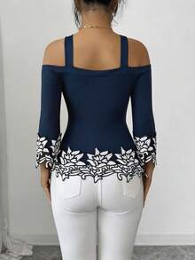SHEIN Elenzya 优雅浪漫度假风黑白3D立体花卉饰边露肩T恤（女款） - 藏蓝色 - 查看 2