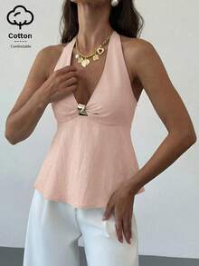 Aloruh Women's Linen Metal Decor Waist A-Line Shirt, Spring/Summer,Summer Top - Baby Pink - View 6