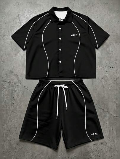 Manfinity EMRG Men's Striped Letter Print Button-Up Short Sleeve Shirt And Drawstring Waist Shorts Set