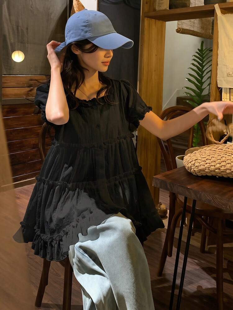 Women's White Square Collar Ruffle Trim Loose Casual Blouse With Puff Sleeves, Flattering Summer