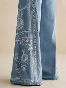 Anewsta Women's Elegant Bohemian Embroidered Blue Wide Leg Casual Pants, Suitable For Spring/Summer, Romantic Party, Vacation - Blue - View 3