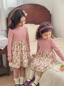 SHEIN Đầm dệt kim đơn sắc cổ tròn phối hoa cho bé gái, kiểu dáng thường ngày. - Nhiều màu - Xem 7