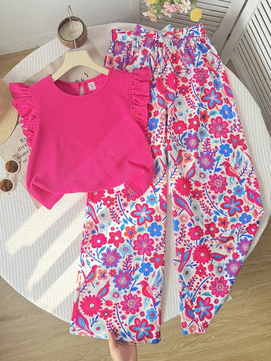 SHEIN Bộ áo hai dây in hoa màu hồng cánh sen dành cho nữ tuổi teen, thích hợp cho kỳ nghỉ thường ngày. - Màu Hồng Tươi - Xem 1