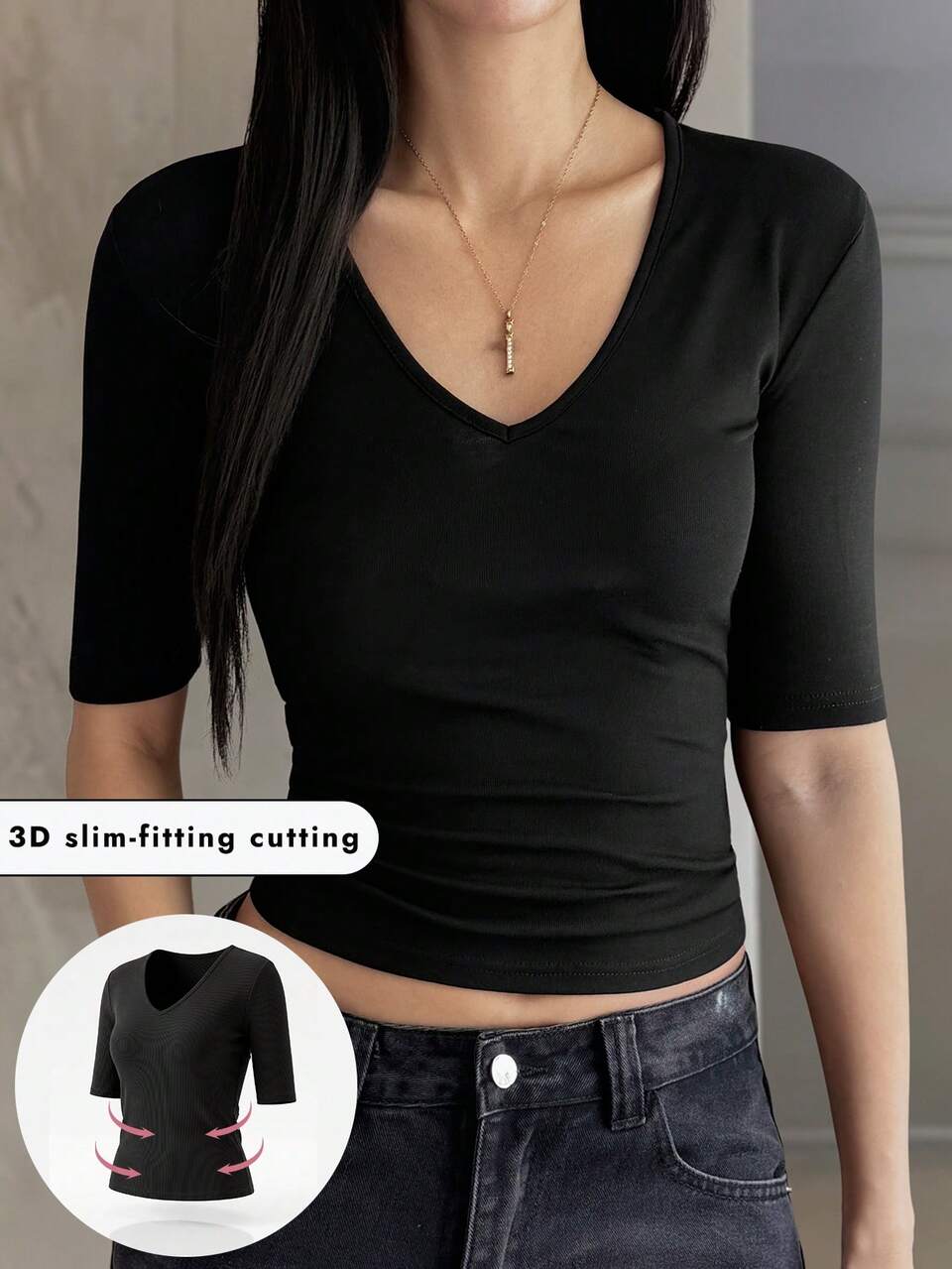 Women's Deep V-Neck Fitted 3/4 Sleeve Casual Pullover T-Shirt, Elegant City Leisure