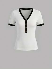 Airaco Women's Casual Everyday Commute Contrast Trim Short Sleeve Ribbed Knit T-Shirt, Summer - White - View 3