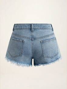 SHEIN X The Smurfs Quần short denim nữ kiểu dáng thường ngày, chất liệu denim bạc màu, họa tiết hoạt hình, gấu quần rách, thích hợp cho mùa hè. - Màu xanh lam - Xem 2