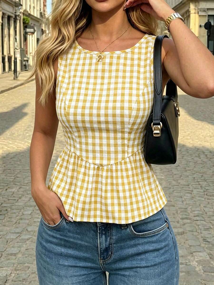 Ritzy Row Women's Plaid Ruffle Casual Versatile Daily Wear Shirt - Yellow - View 1