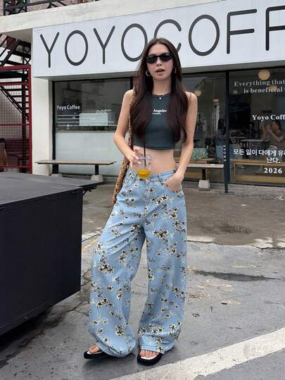 DAZY 女士全印花休闲宽松牛仔裤