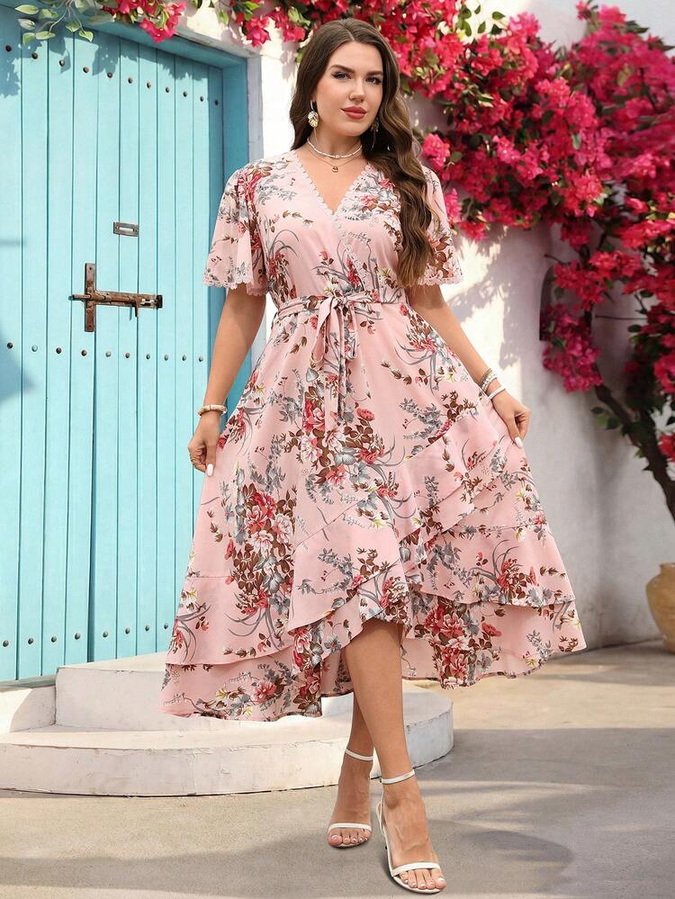Plus Size Women Summer Casual Vacation Elegant Pink Floral Print Ruffle Hem Mid-Length Dress With Belt,Summer Outfits For Women ,Vacation Outfits Women ,Holiday Outfits For Women,Going Out Outfits, New Clothes,Simple And Fashionable For Everyday Wear,Suitable For Summer, Vacation, Daily Wear,Beach Outfits For Women,Western Style,Flowy Dress,Boho Dress,Casual Summer Dresses For Women,Ruffle Dress,Birthday Dress,Festival Outfits For Women,Junina Party Dress,Elegant Dresses For Party,Wedding Guest Dress ,Elegant Women's Ceremony Dress ,Elegant Dresses For Party,Festival Outfits For Women,Festa Junina
