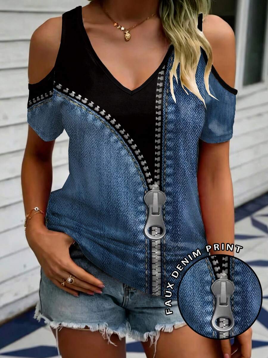 EMERY ROSE Camiseta de manga corta con escote en V y hombros descubiertos, con estampado gráfico de diseño de patchwork, de estilo casual y de moda - Multicolor - Ver 1