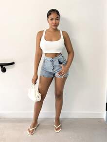 Alexandranx Quần short denim cạp cao thường ngày cho nữ có túi và thiết kế thắt eo, đa năng - Rửa trung bình - Xem 3