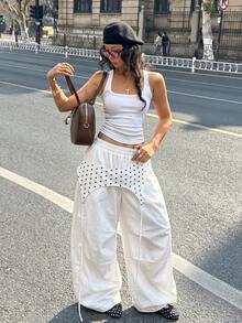 Coolane Trang phục dạo phố mùa hè dành cho nữ, kiểu dáng thường ngày với chi tiết dây buộc độc đáo và chất liệu vải dệt. Quần dài màu đỏ. - trắng - Xem 4