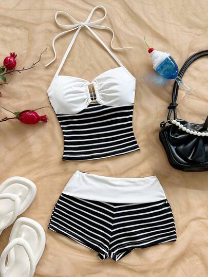Soleia Set de 2 piezas con top sin mangas de textura de punto a rayas con hebilla metálica y tirantes de espagueti, y shorts, atuendo casual para vacaciones, fiesta, cita nocturna, discoteca, bohemio, boho, vintage, vacaciones para mujeres