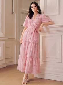Anewsta Đầm nữ màu hồng thêu hoa, cổ đứng, tay áo cánh hoa, thắt eo. - Hồng - Xem 2