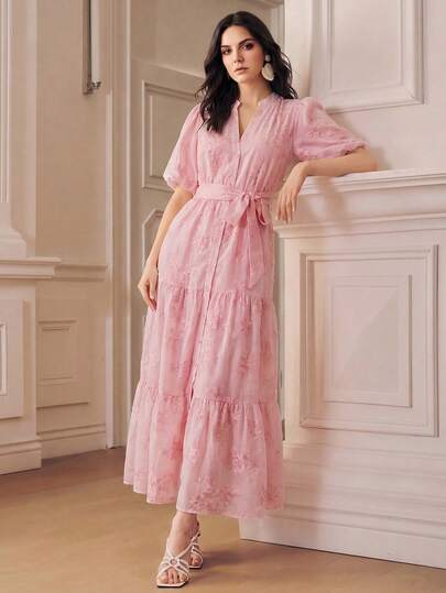 Anewsta Pink Floral Embroidered Stand Collar Petal Sleeve Tie Waist Women Dress