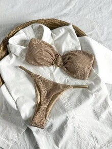 Bonvoyette 春假女士沙滩装夏季套装，女士纯色提花面料无肩带金属装饰性感比基尼套装 - 棕色 - 查看 1