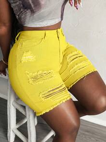 Slaydiva Plus Size Summer Fashion Solid Color Distressed Frayed Hem Skinny Denim Shorts - Yellow - View 1