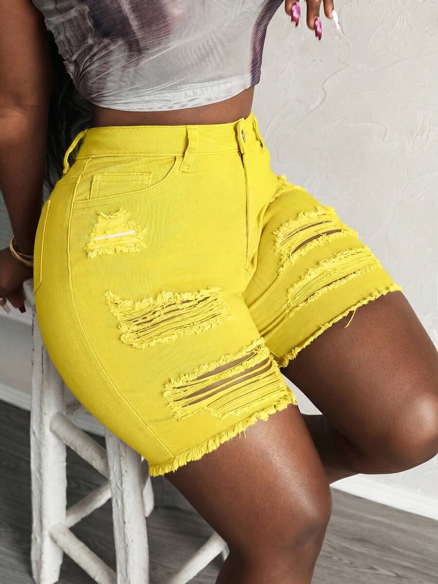 Slaydiva Plus Size Summer Fashion Solid Color Distressed Frayed Hem Skinny Denim Shorts - Yellow - View 1