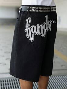 Manfinity Roghcode American Street Style Streetwear Letter Embroidery Washed Black Loose Denim Shorts Holiday Summer - Black - View 5