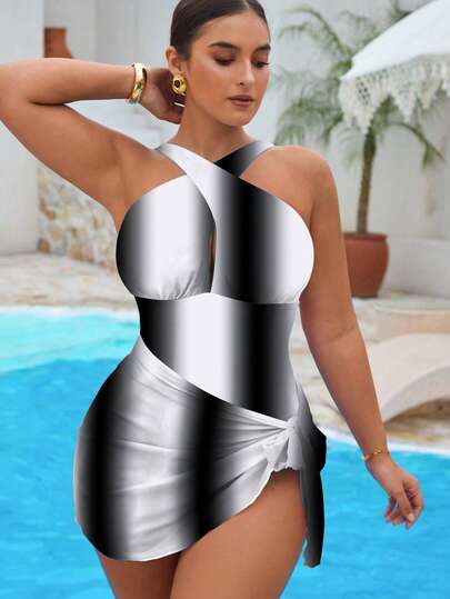 Swim Vcay Bộ đồ bơi 2 mảnh nhiều màu sắc dành cho nữ cỡ lớn, kiểu cổ yếm và váy quấn, thích hợp đi biển hoặc nghỉ dưỡng.
