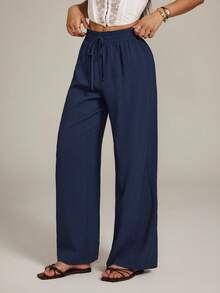 SHEIN PETITE Women Solid Color Tie Waist Straight Loose Casual Pants Winter Blue Spring - Navy Blue - View 3