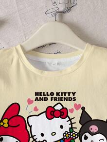 HELLO KITTY AND FRIENDS | SHEIN 少女卡通印花圆领短袖休闲百搭T恤 - 白色 - 查看 5