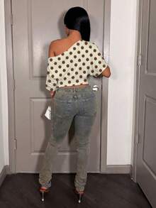 Slaydiva Áo thun nữ cổ lệch họa tiết chấm bi, kiểu dáng thường ngày, thích hợp cho mùa hè. - Nhiều màu - Xem 2