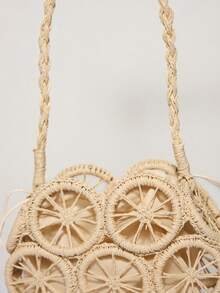 MUSERA Woven Straw Circle Detail Round Lined Cross Body Beach Bag Summer Beach Swim Holiday Vacation Daily Cute - Beige - View 5