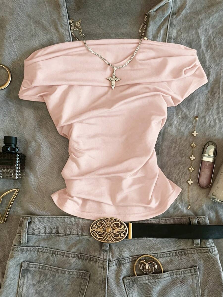 INAWLY Camiseta casual de mujer de un solo color con hombros descubiertos y fruncido - Rosa Pálido - Ver 1