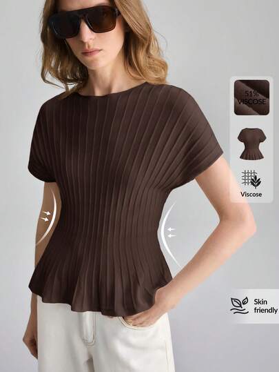 Ontre 2026SS Nuevo suéter de verano para mujer, top de punto de manga corta, diseño de rayas de palillo, suéter de mujer de unicolor de cuello redondo de manga corta, versátil y de moda, adecuado para invitada de boda, uniforme de maestro, atuendo de vacaciones, cita romántica, silueta que estiliza la cintura, ropa de oficina para mujer, ropa casual para mujer, Día de la Independencia, estilo urbano chic, suéter minimalista y elegante para mujer
