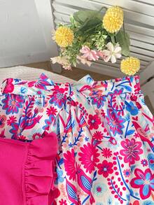 SHEIN Bộ áo hai dây in hoa màu hồng cánh sen dành cho nữ tuổi teen, thích hợp cho kỳ nghỉ thường ngày. - Màu Hồng Tươi - Xem 6