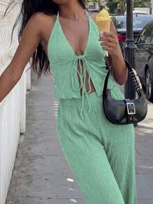 FavEase Textured Fabric Pleated Halter Loose Wide Leg Pants Set - Mint Green - View 4