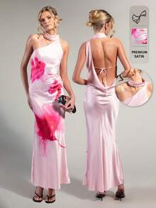 Rouah Effortless Elegance Sexy Stunning Pink Floral Satin Maxi Dress. Featuring A Unique High Neckline, Asymmetric One-Shoulder Design, And A Cowl Back - Multicolor - View 1