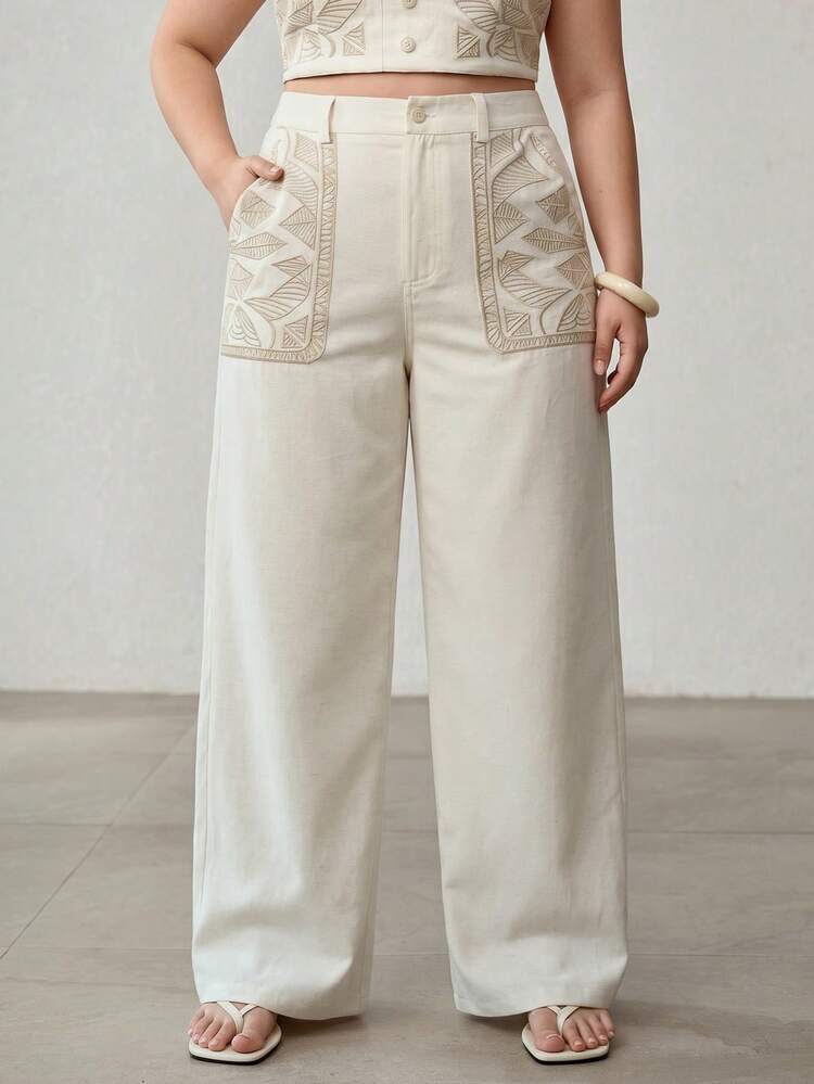 PLUS SIZE WOMEN'S APRICOT GEOMETRIC EMBROIDERY ELASTIC WAIST POCKET STRAIGHT LEG PANTS