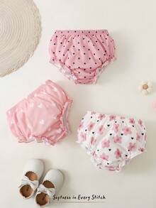 Cozy Pixies 3件套女婴夏季短裤，三角短裤，爱心、波点、碎花印花，白色、粉色，荷叶边下摆，松紧腰，可爱，乡村、北欧、森林风、度假风，休闲，适合宝宝，春夏，居家、室内、室外、春季郊游、度假 - 彩色 - 查看 5