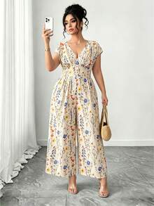 SHEIN PETITE CURVE Bộ jumpsuit in họa tiết cổ chữ V, phong cách mùa hè, giản dị, thoải mái, kiểu Pháp cổ điển, thanh lịch, thích hợp đi làm. - Màu be - Xem 7