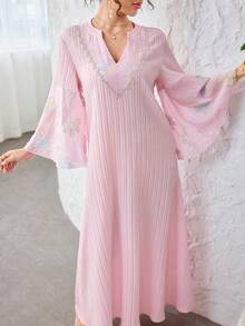 Yasmyna Elegant Floral Embroidered Textured 3/4 Sleeve Flared Dress, Suitable For Dates - Pink - View 7