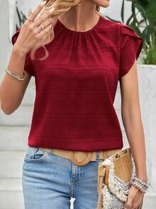 Rusticease Solid Color Petal Sleeve Back Keyhole Blouse,Short Sleeve Tops - Red - View 3