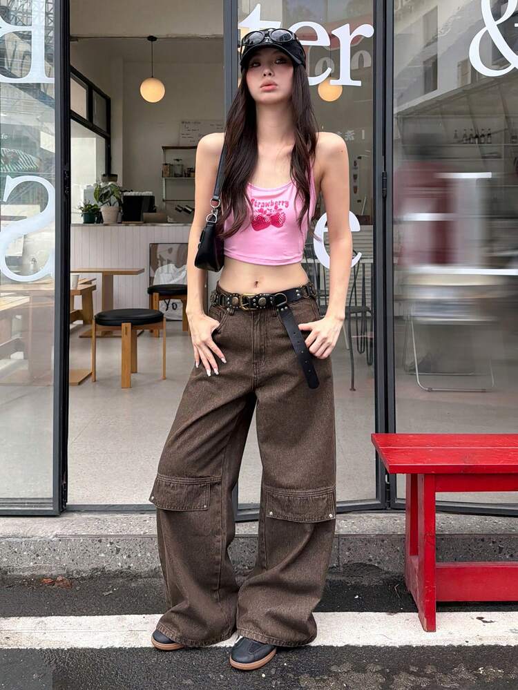 Women's Utility Pocket Washed Loose Fit Korean Style Jeans