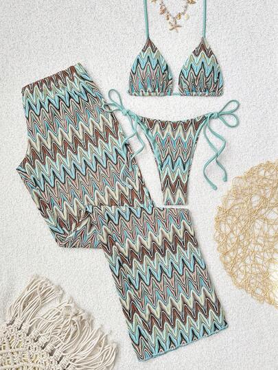 Bonvoyette 3 pièces/set Imprimé floral aléatoire, motif de vague dentelée bleu et marron. Bikini avec Top à col ras-du-cou et liens dans le dos, et pantalon large à taille basse. Maillot de bain sexy pour femmes