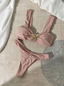 Swim Chiccia Solid Color Metal Decor Strap Vacation Swimwear Set For Women - Pink - View 2