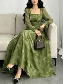 Modelyn 芙蓉碎花时尚方领灯笼袖女士长连衣裙，夏季收腰连衣裙，植物图案绿色连衣裙，适合夏季度假和日常穿着 - 彩色 - 查看 5