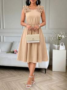 SHEIN Lady 女士中长连衣裙 - 卡其色 - 查看 6