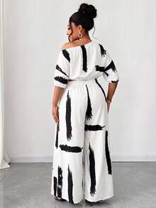 Maweii Plus Size Fashion Asymmetric Collar Printed 2 Pieces Set - Black and White - View 2