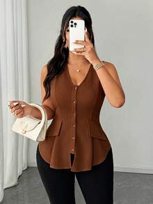 Elenzga Blus Tanpa Lengan Berkerah V, Terbuka Depan, dengan Desain Saku, Model Elegan untuk Wanita Ukuran Plus, Serbaguna untuk Sehari-hari, Musim Semi/Panas, Model Terbaru 2025 - Coklat - View 1