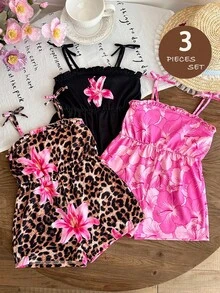 LMoss Kids 3pcs Baby Girl Knitted Ditsy Floral Camisole Romper Set - Multicolor - View 3