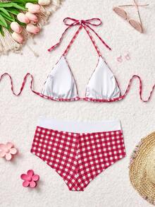 SHEIN MOD 夏季沙滩格子V领露背比基尼套装 - 酒紅色 - 查看 2