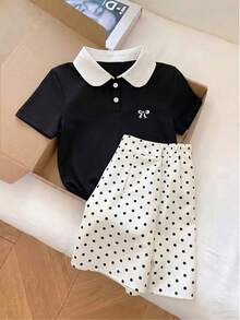 Everyssa Petite Bộ đồ nữ 2 mảnh gồm áo polo cổ ôm màu đen và chân váy chấm bi dáng chữ A, thích hợp cho mùa xuân/hè. - Nhiều màu - Xem 1
